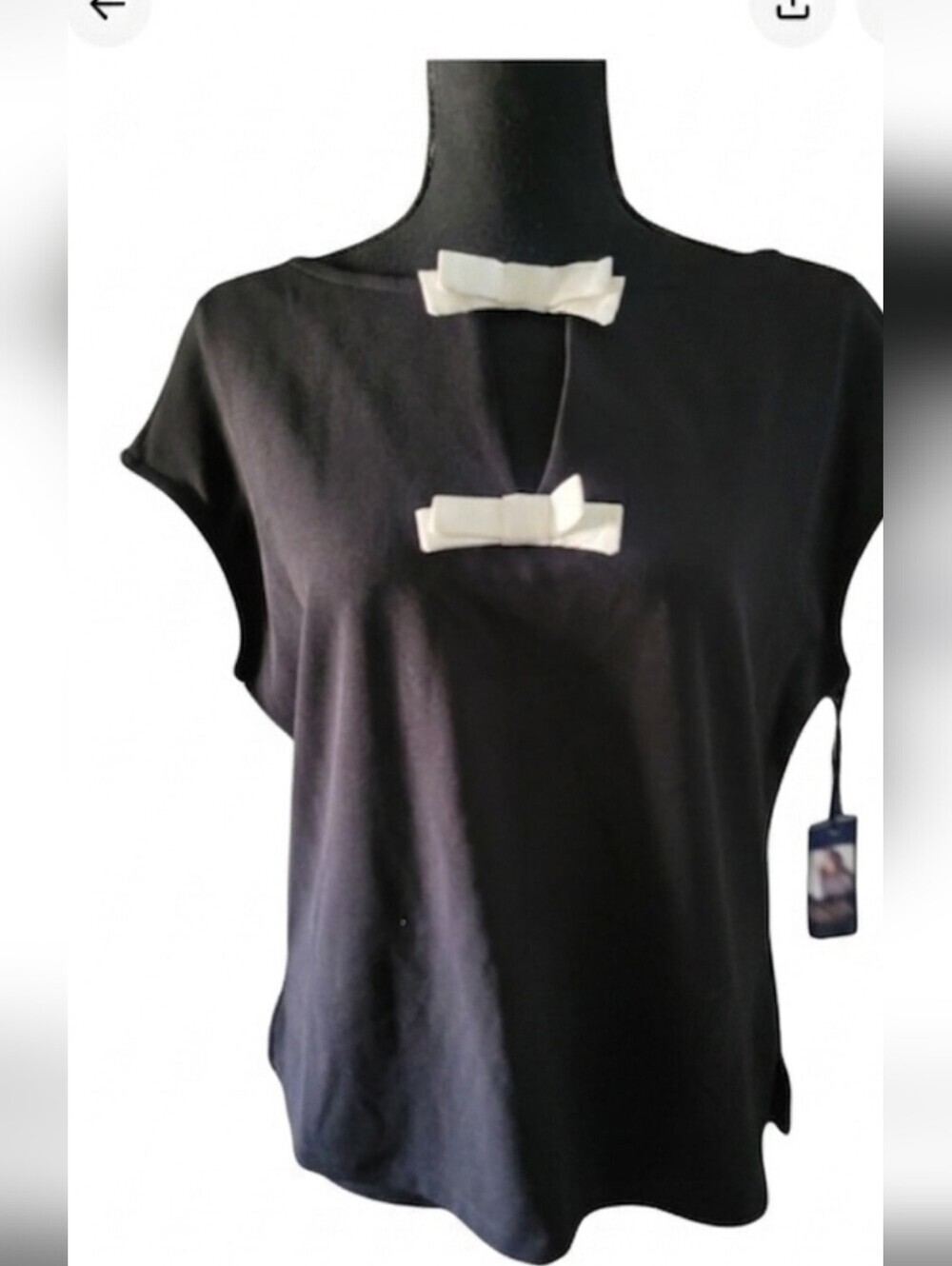RACHEL Rachel Roy Black Short Sleeve Tee with Cream Bow Accents